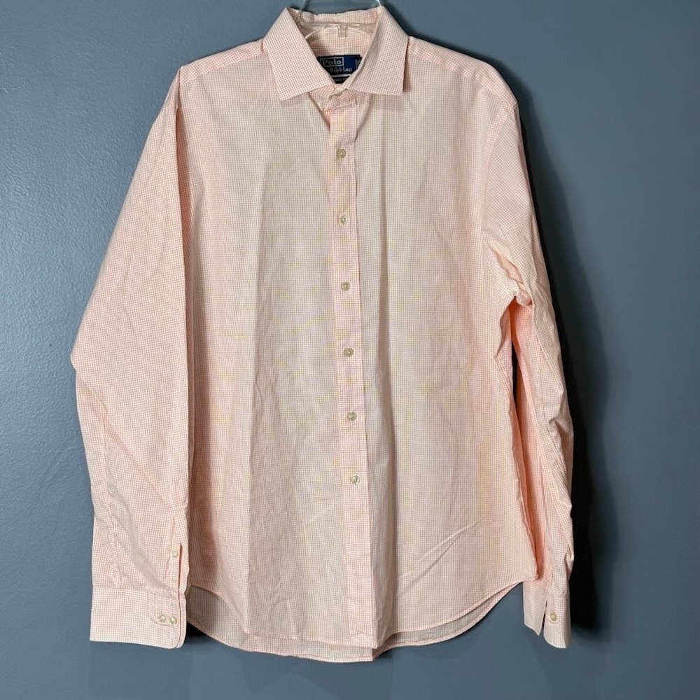 Polo Ralph Lauren Gingham Shirt Mens 17 36/37 Classic Fit Orange White Check L/S